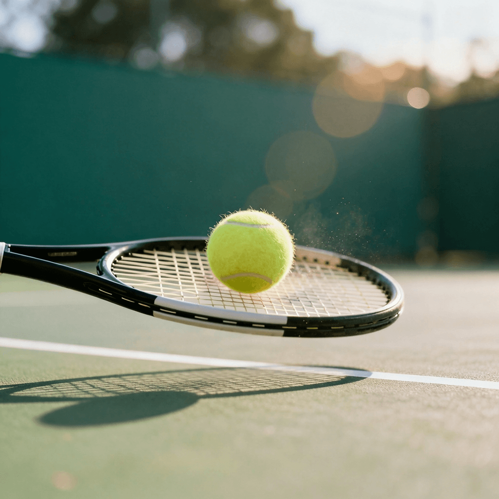 Tennis ball striking racquet strings on a court